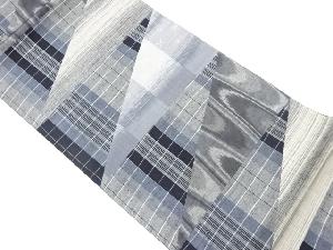 手織り紬切り嵌め格子・霞模様織出し全通袋帯